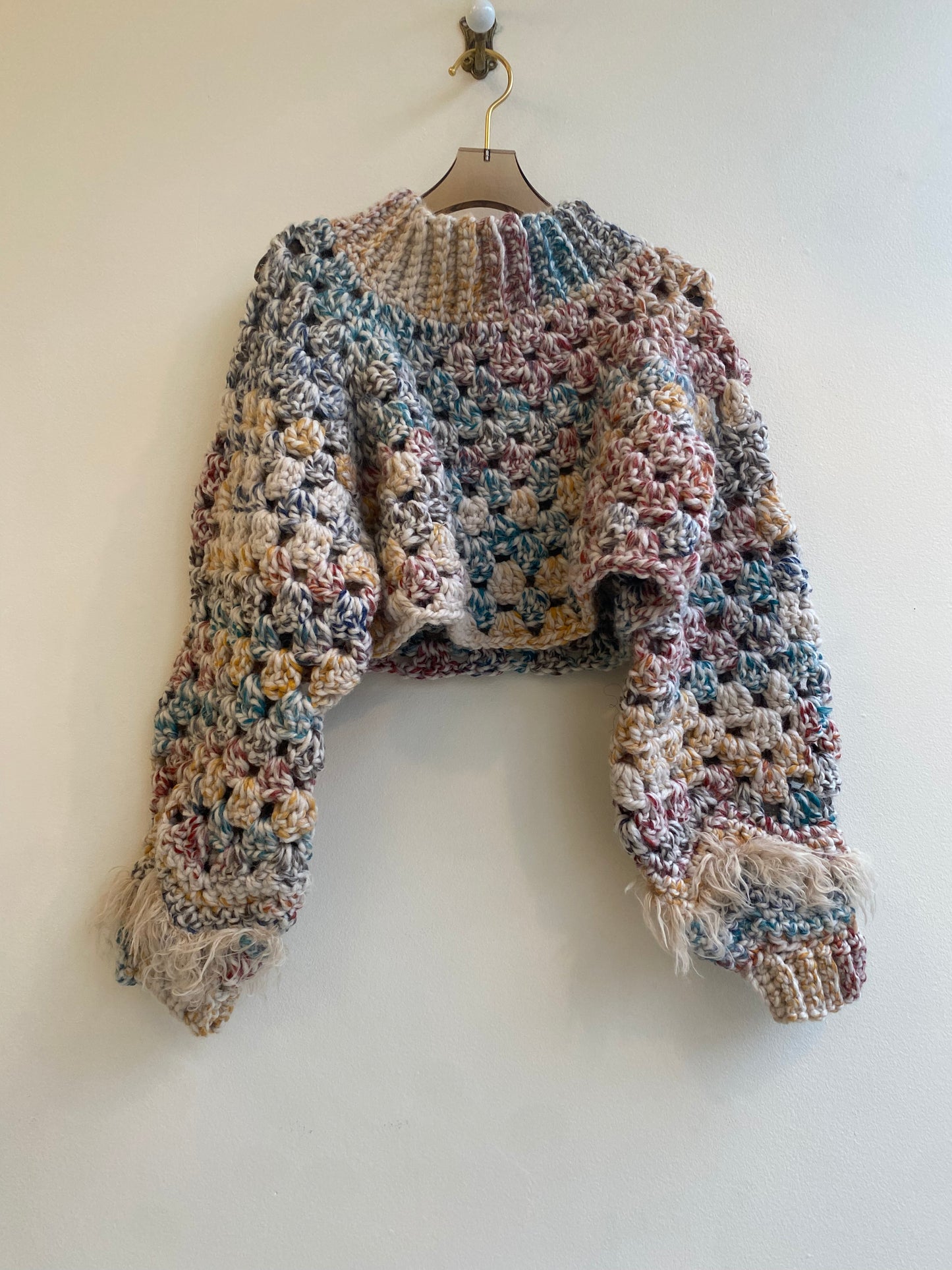 Cropped Crochet Sweater - Faux Fur