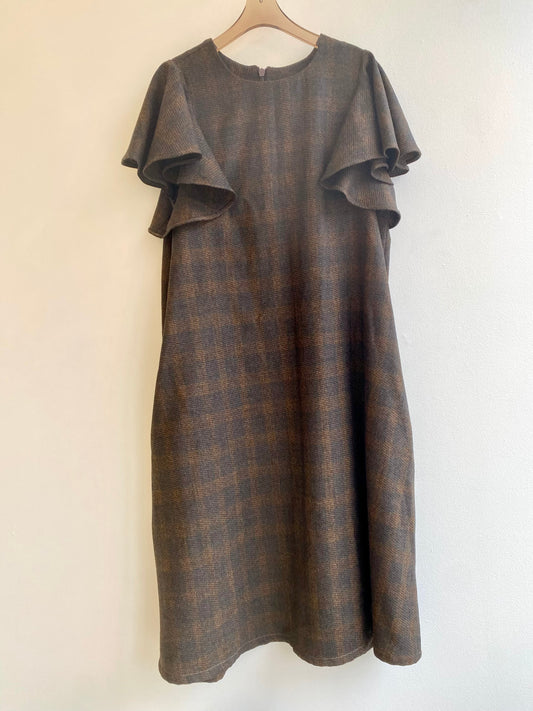 MXH Brown Flannel Chore Dress with Flutter Sleeve