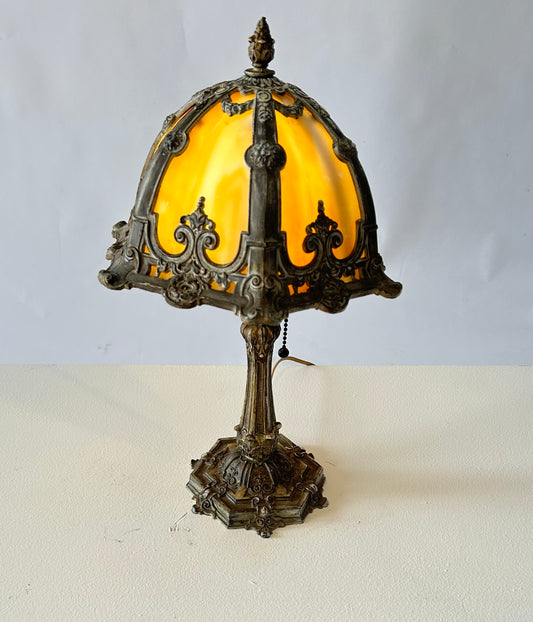 Cast Iron and Cream Stain Glass Lamp