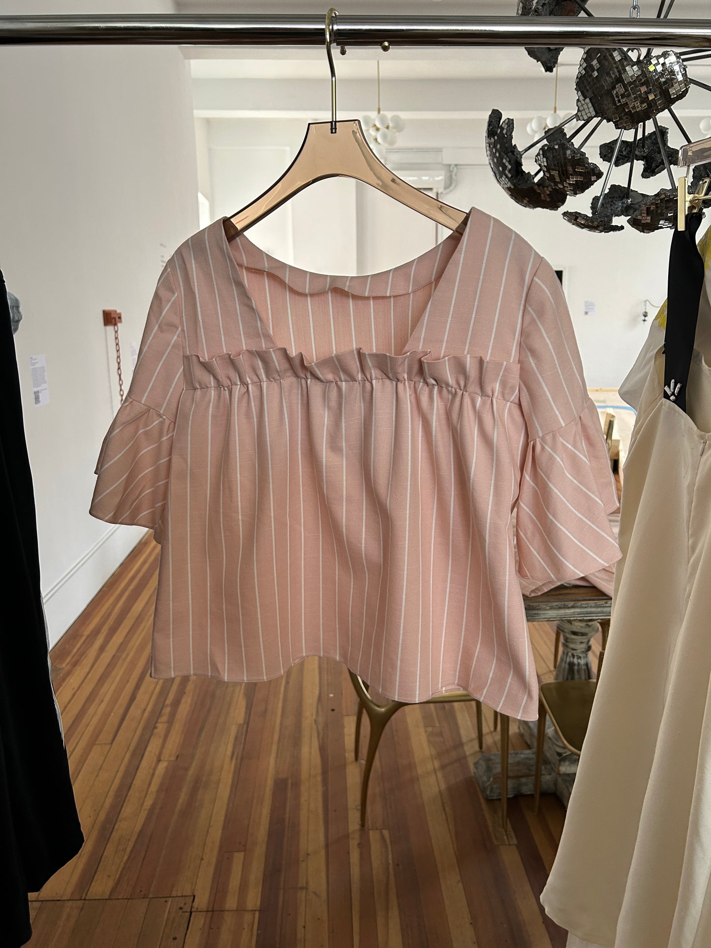Pink Striped Gathered Ruffled Top